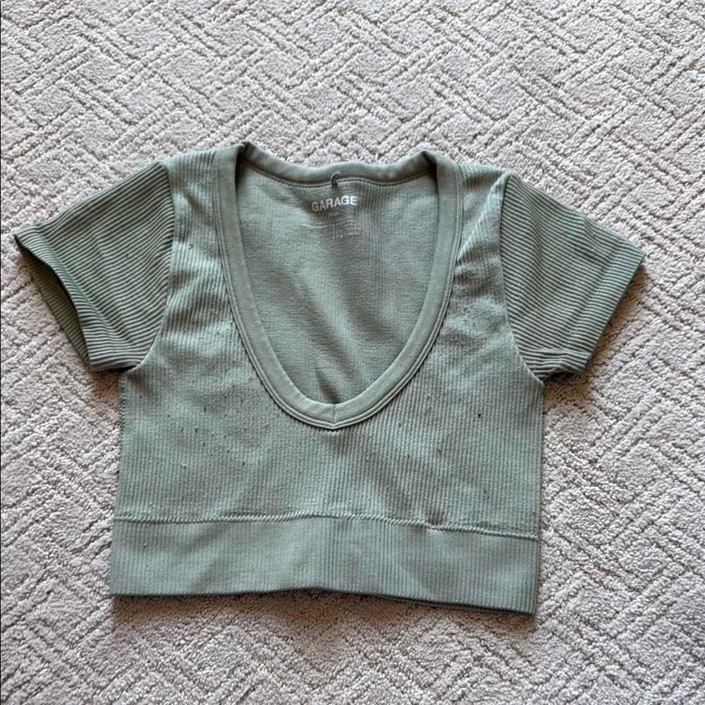 Garage Olive Ribbed V-Neck Crop Top